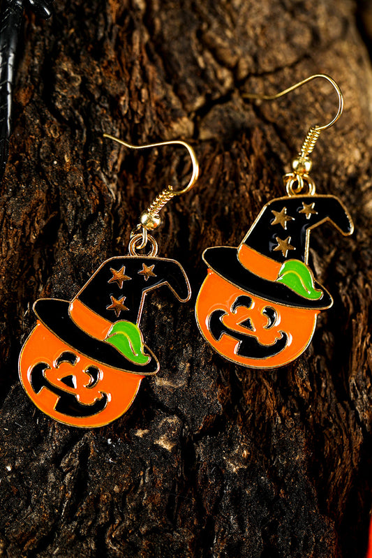 Orange Star Witch Hat Pumpkin Face Halloween Hook Earrings