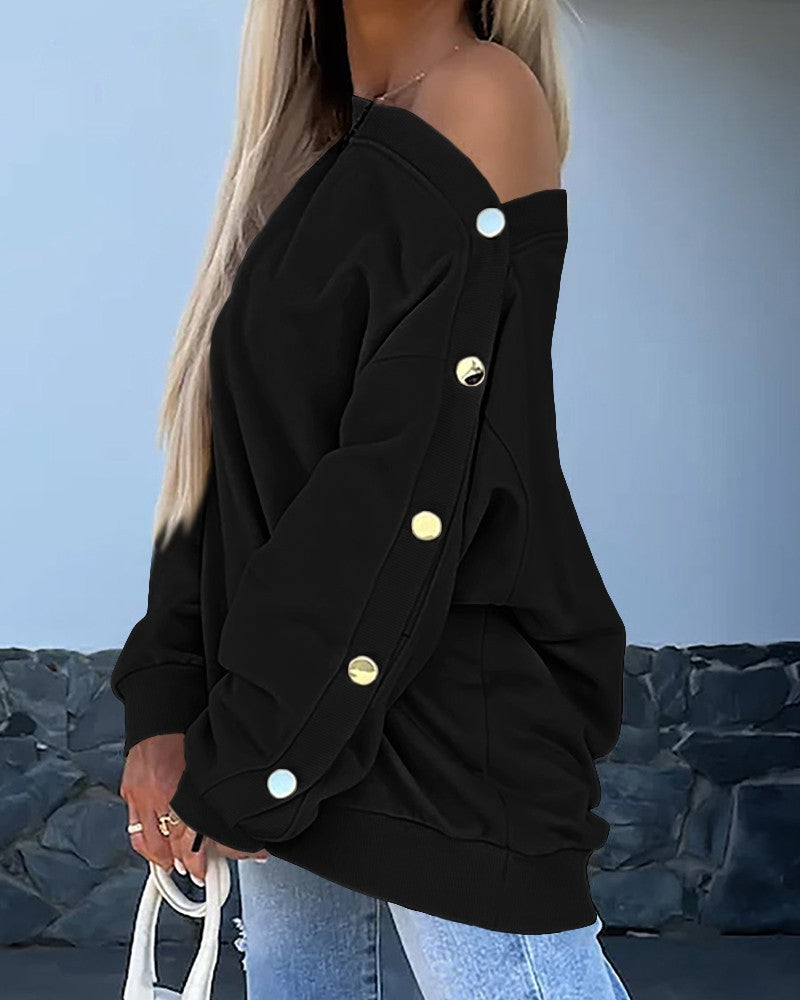 Skew Neck Buttoned Drop Shoulder Sweatshirt