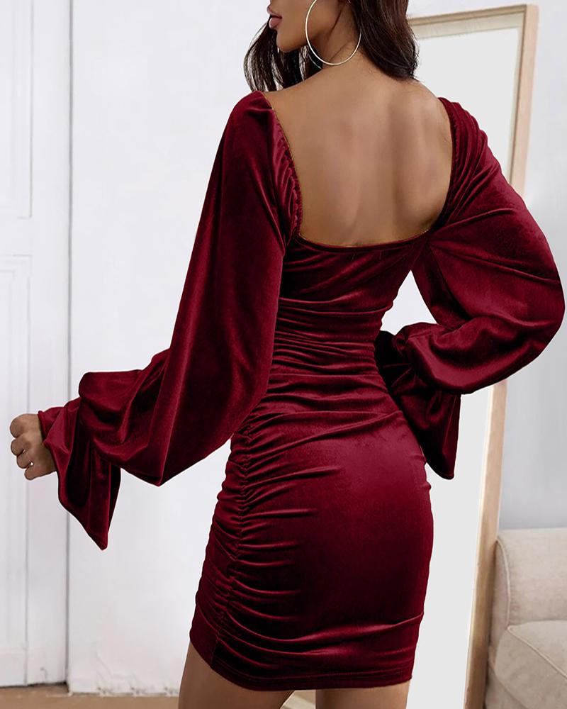 Velvet Lantern Bell Sleeve Drawstring Ruched Bodycon Dress