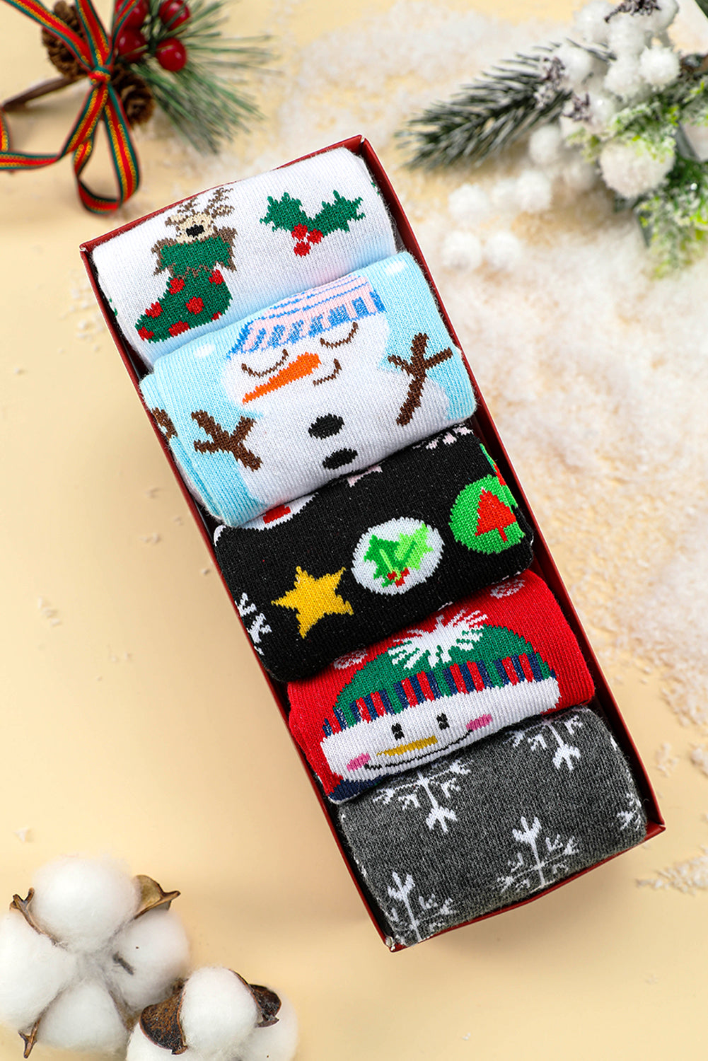 White Christmas Cartoon Pattern 5 Pairs/Set Socks Set with Box