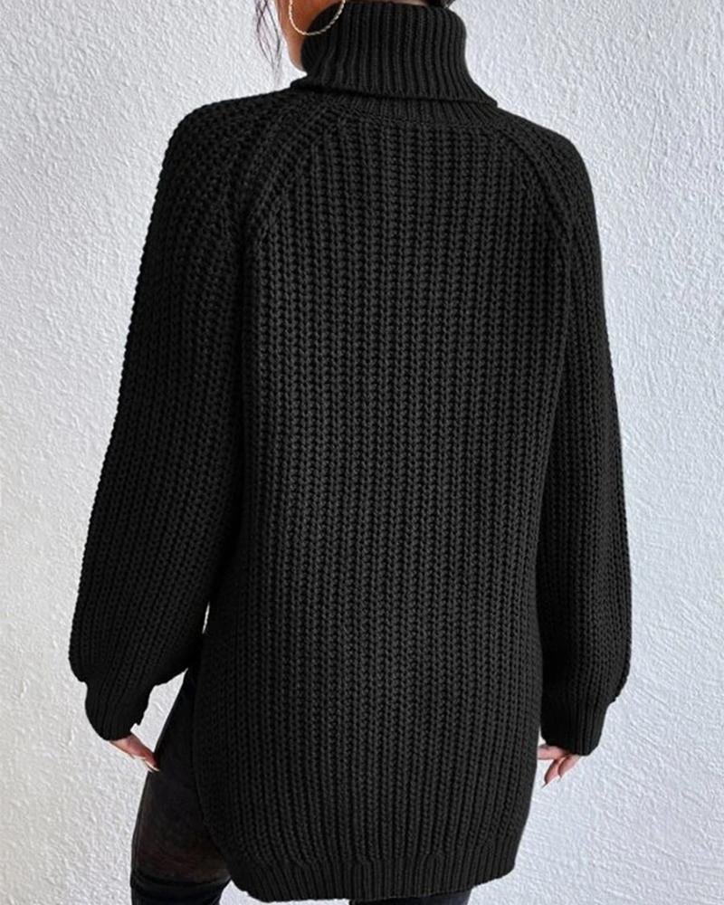 High Neck Long Sleeve Slit Sweater