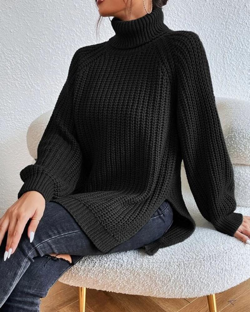 High Neck Long Sleeve Slit Sweater