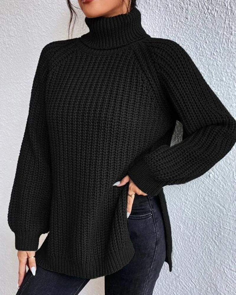 High Neck Long Sleeve Slit Sweater