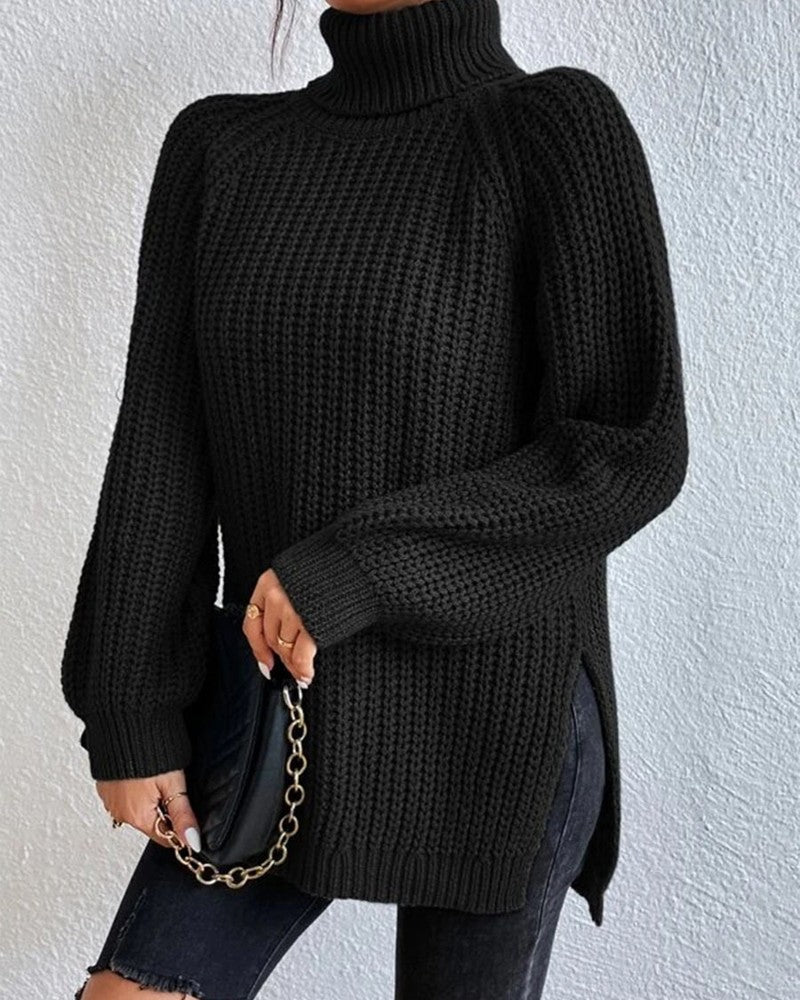 High Neck Long Sleeve Slit Sweater