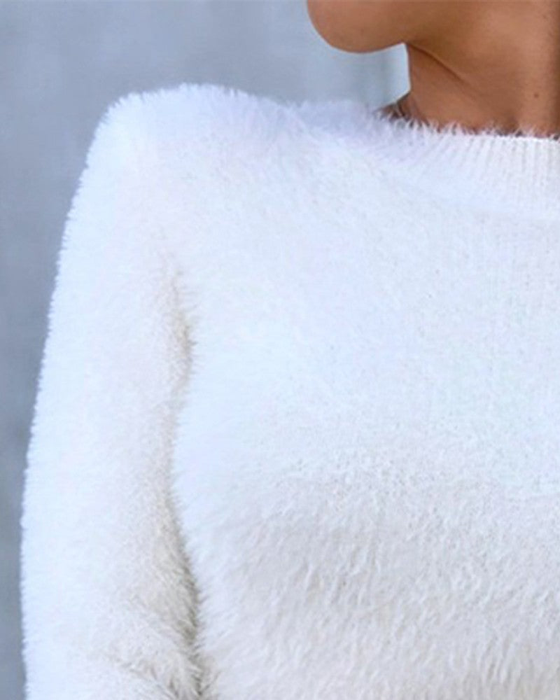 Fuzzy Long Sleeve Mock Neck Knit Sweater