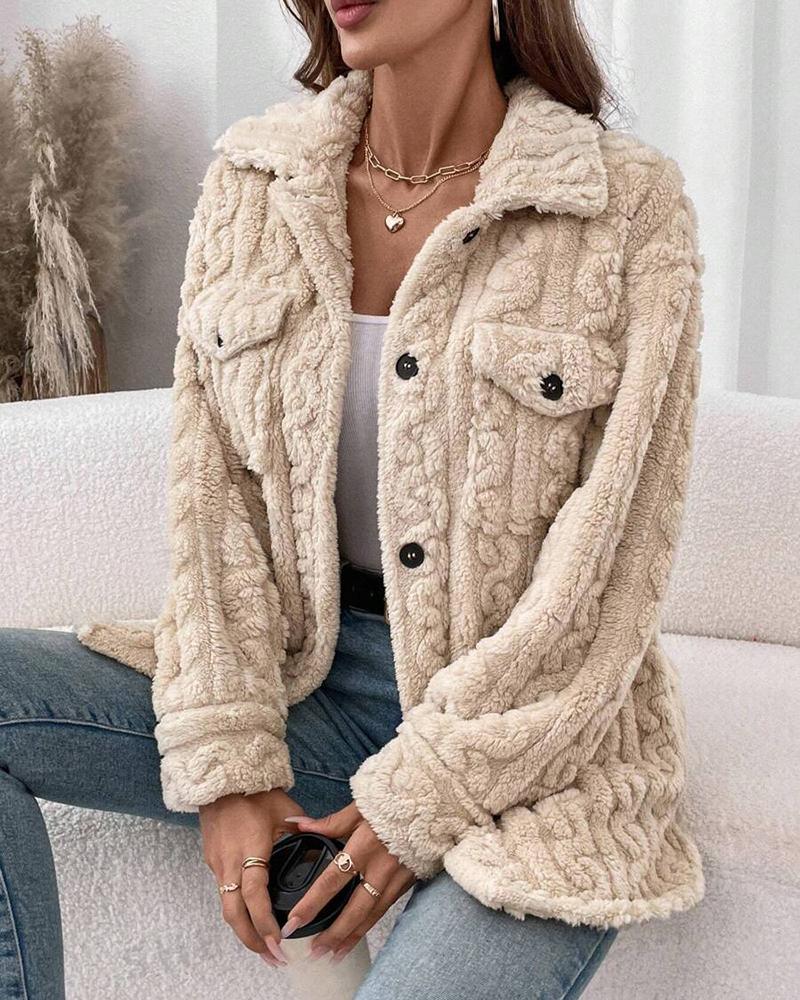 Cable Textured Button Down Teddy Coat