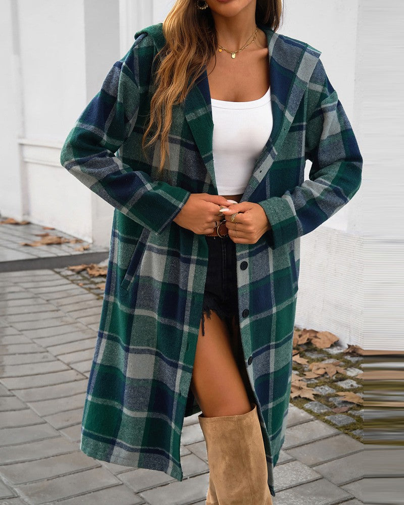 Plaid Pattern Button Down Pocket Design Longline Hooded Coat