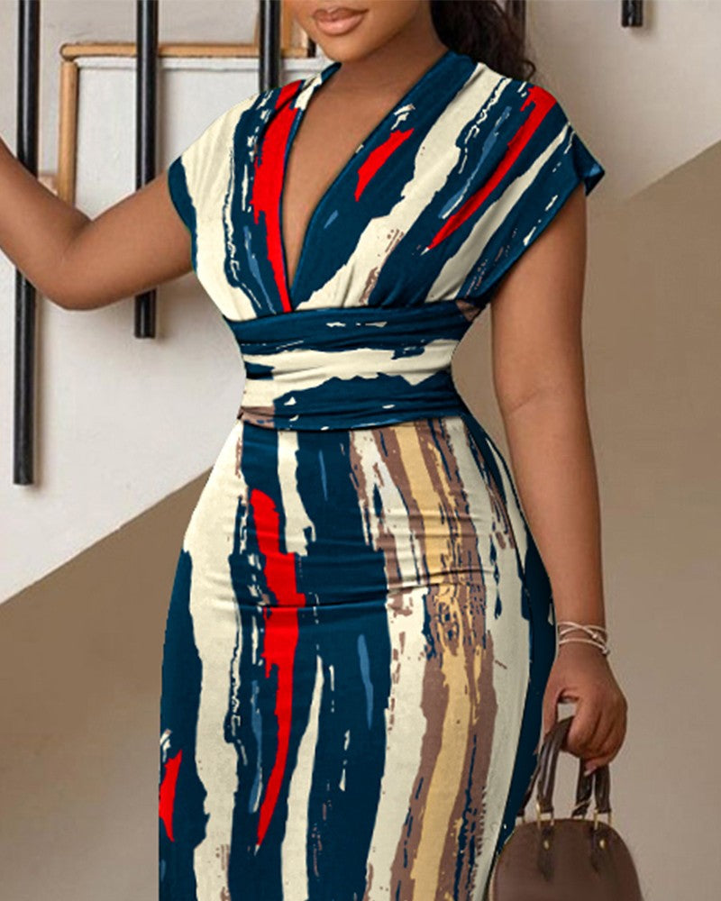 Abstract Print Striped Cap Sleeve Midi Dress