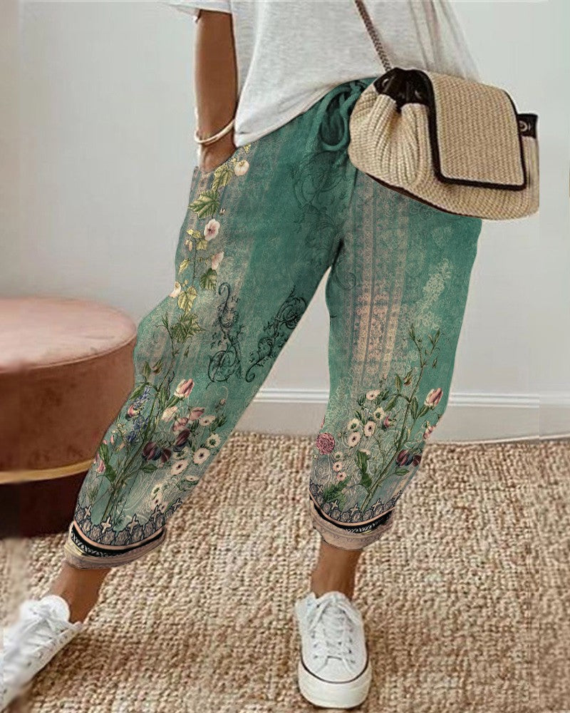 Floral Tribal Print Drawstring Cuffed Pants