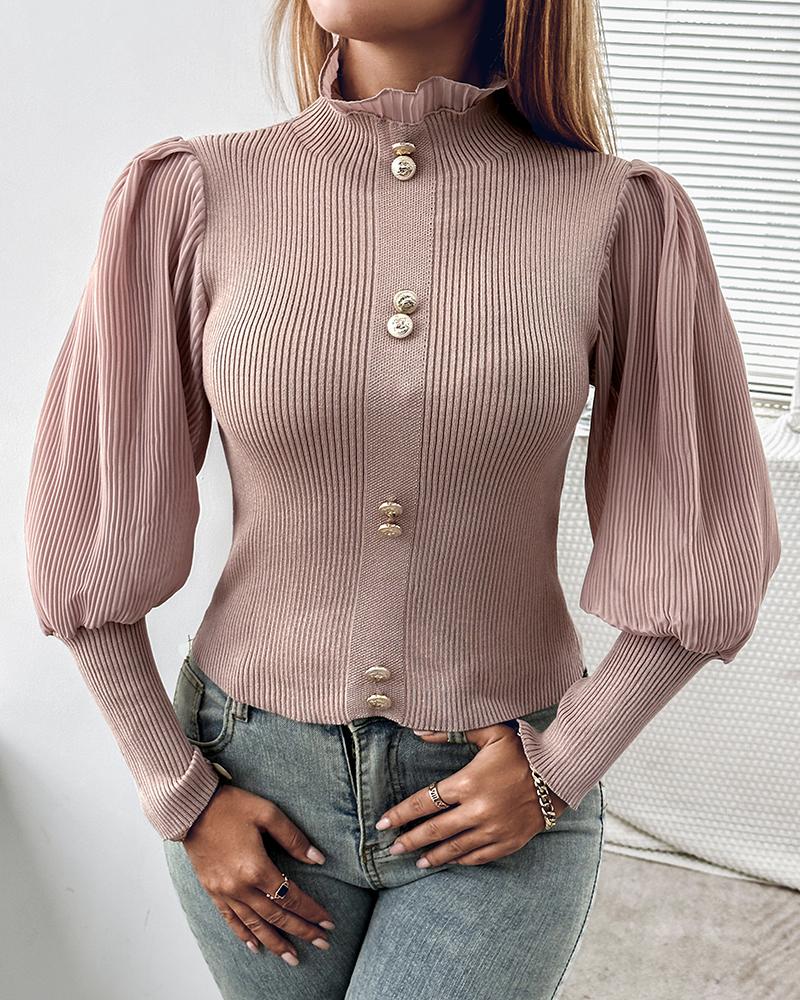 Gigot Sleeve Frill Hem Knit Sweater