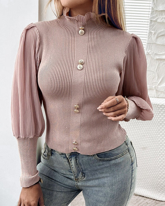 Gigot Sleeve Frill Hem Knit Sweater