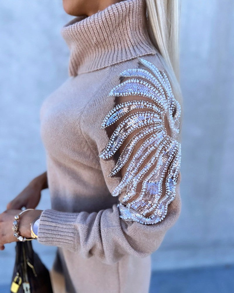 Wings Pattern Contrast Sequin Knit Sweater Dress