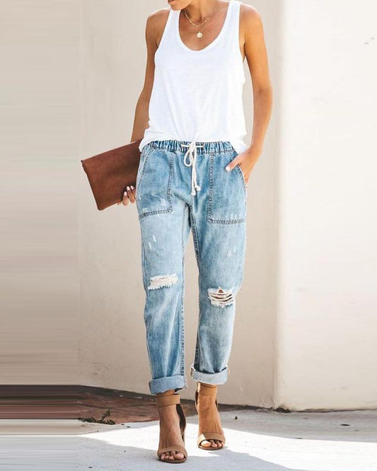 High Waist Drawstring Cutout Ripped Jeans