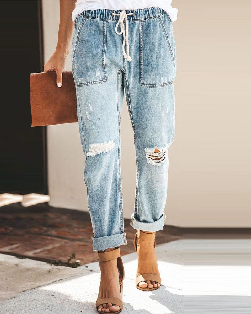 High Waist Drawstring Cutout Ripped Jeans