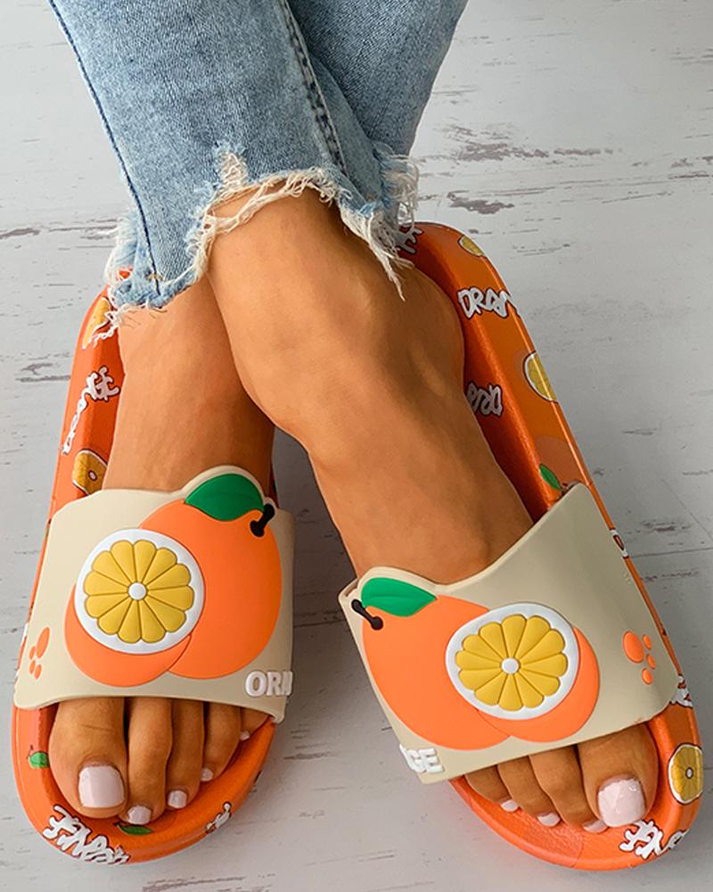 Strawberry / Avocado / Orange Pattern Open Toe Flat Sandals