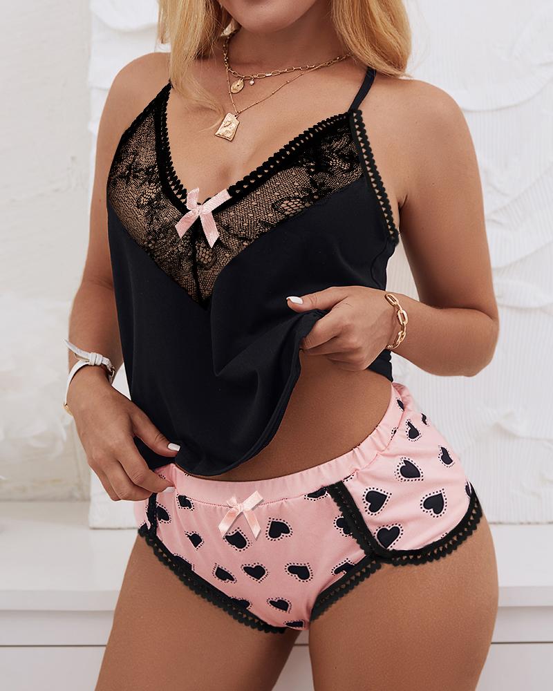 Heart Print Bowknot Decor Crochet Lace Cami Set