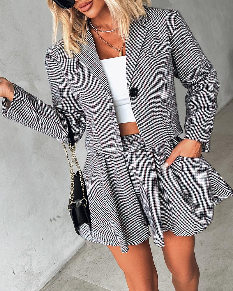 Plaid Print Blazer Coat & Pleated Skirt Set