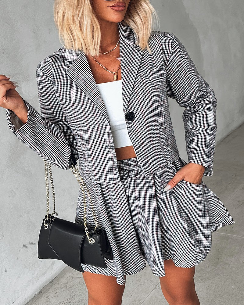 Plaid Print Blazer Coat & Pleated Skirt Set