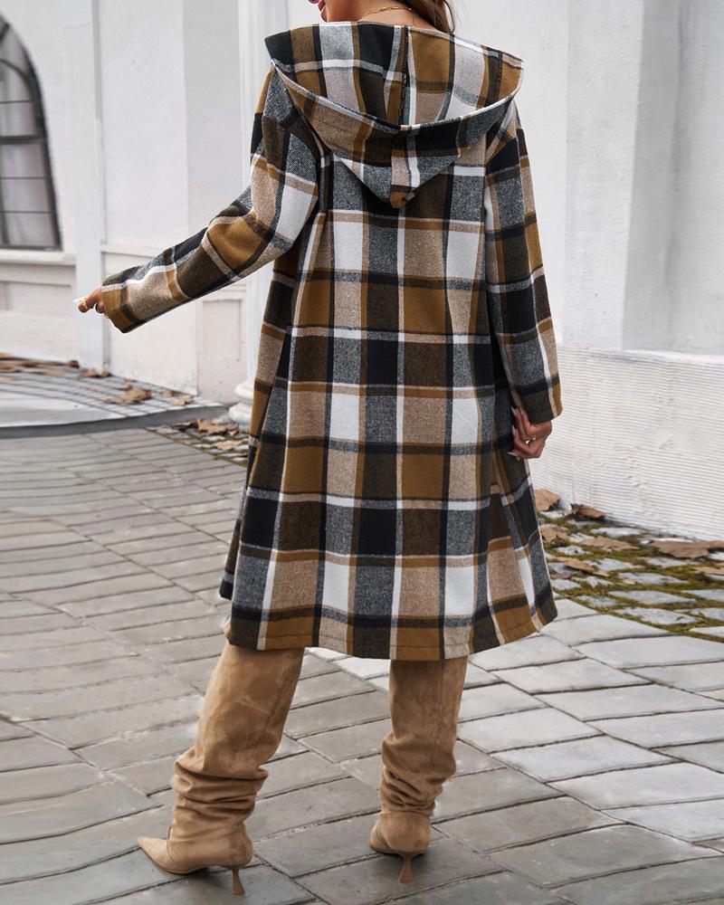 Plaid Pattern Button Down Pocket Design Longline Hooded Coat