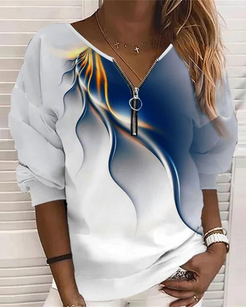 Graphic Print Zip Front Long Sleeve Top