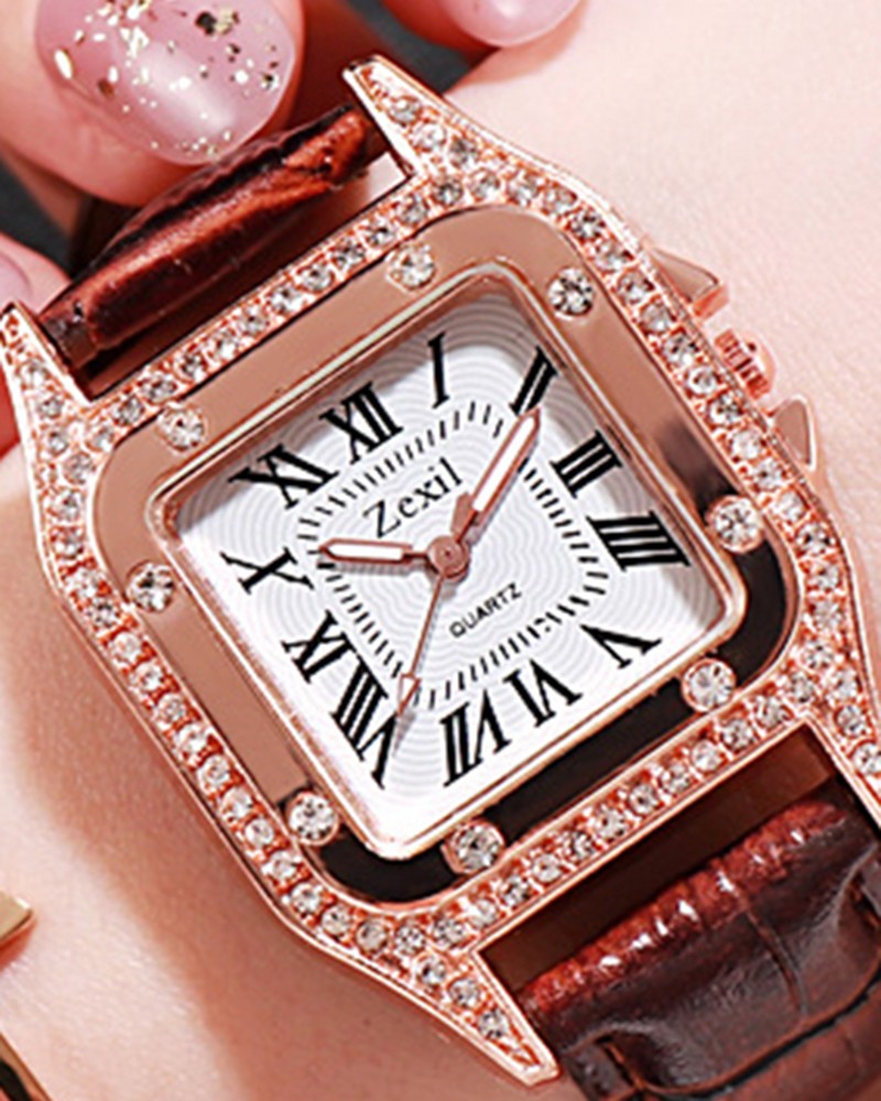 Rhinestone Decor Square Quartz Watch