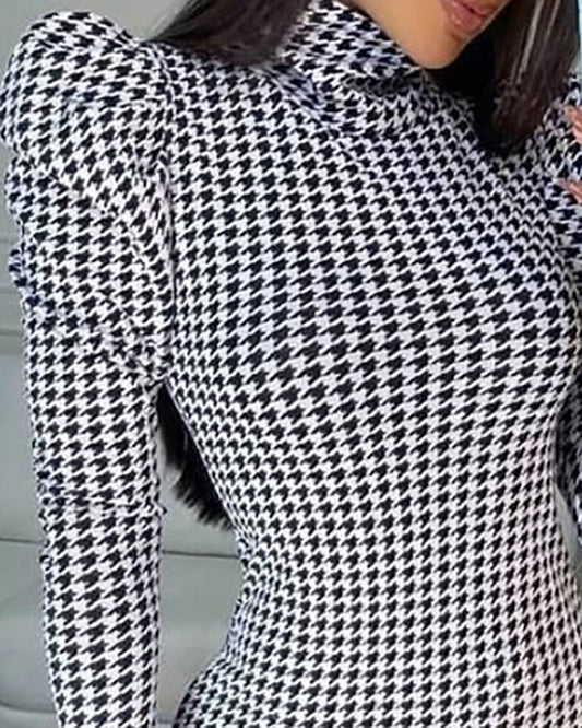 Houndstooth Print Gigot Sleeve Dress