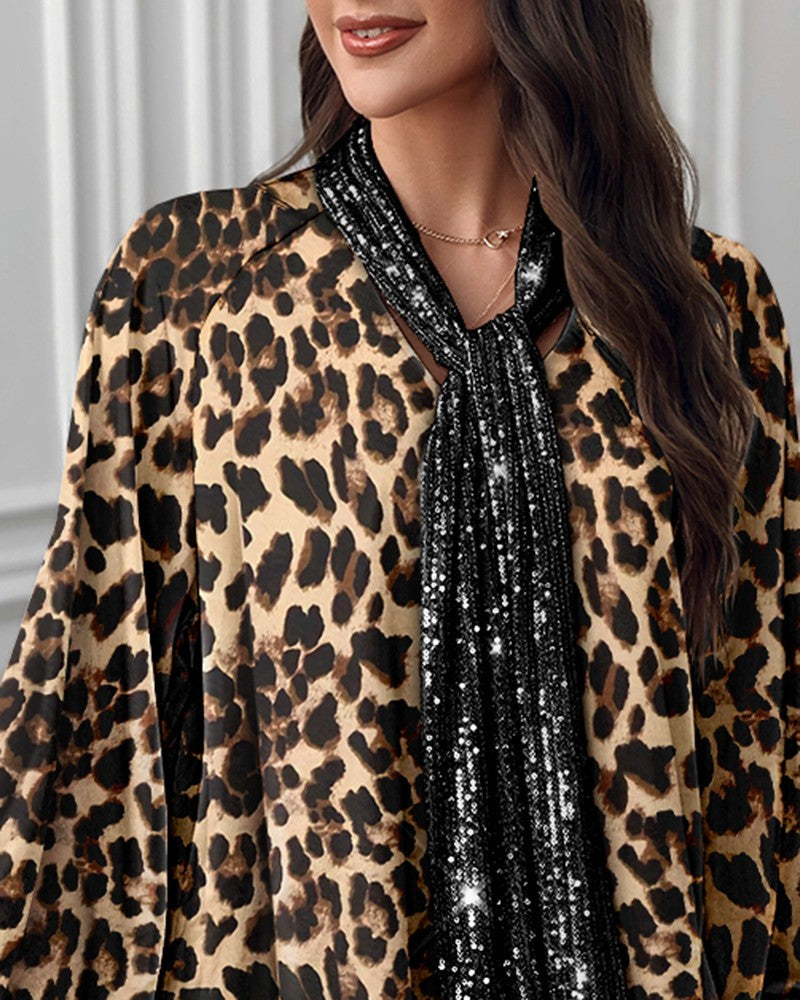 Leopard Print Contrast Sequin Lantern Sleeve Top