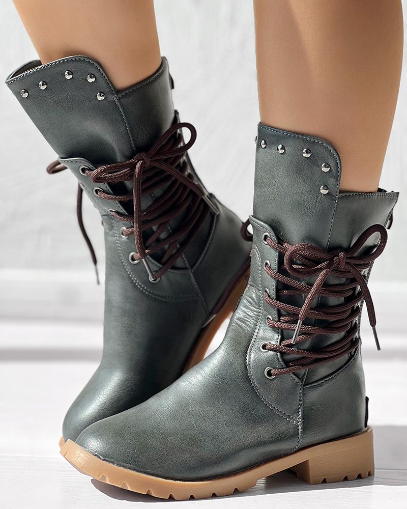 Studded Side Lace up Chunky Heel Ankle Boots