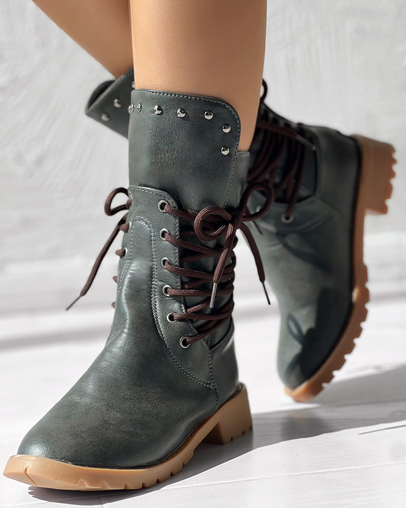 Studded Side Lace up Chunky Heel Ankle Boots