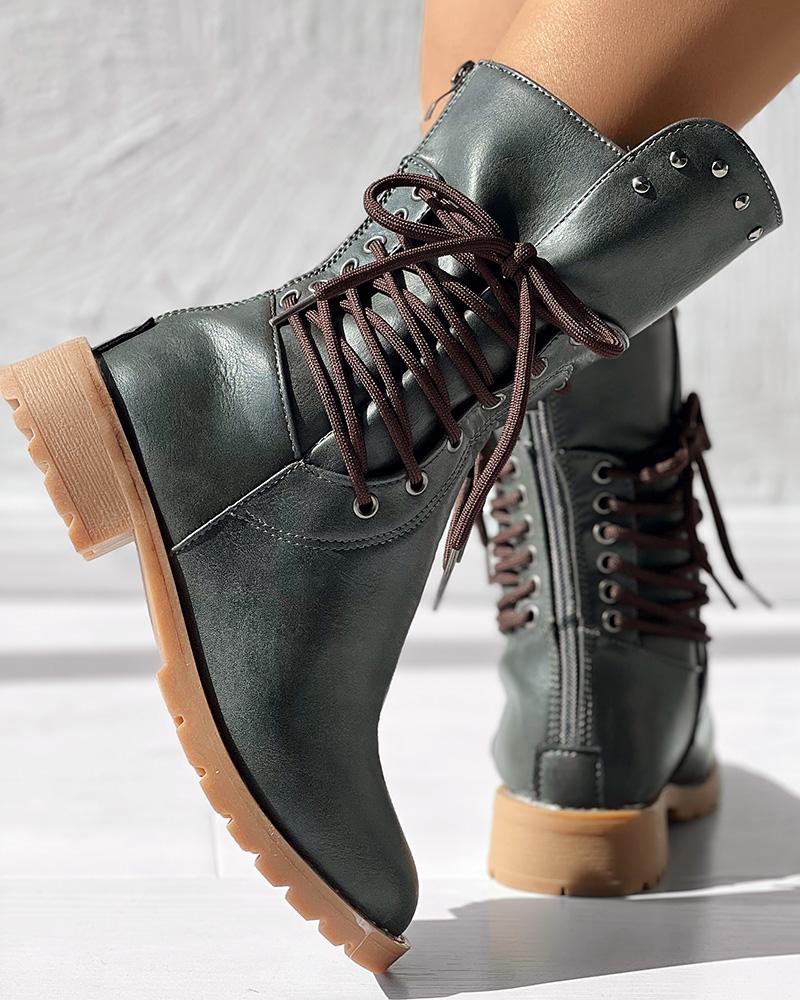 Studded Side Lace up Chunky Heel Ankle Boots