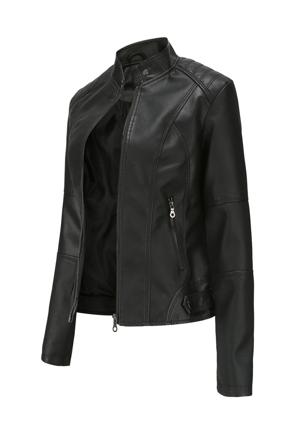 Black Leatherette Button Tab Stand Neck Zip Motor Jacket