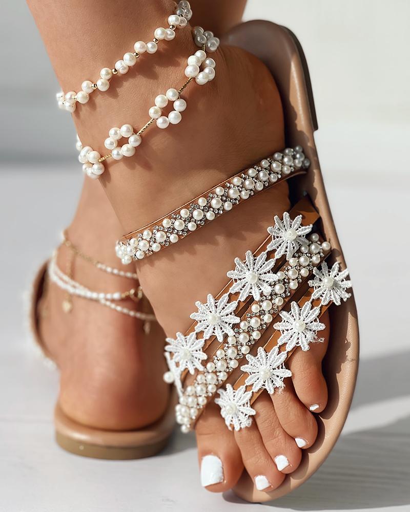 Pearls Floral Pattern Toe Post Flip Flops