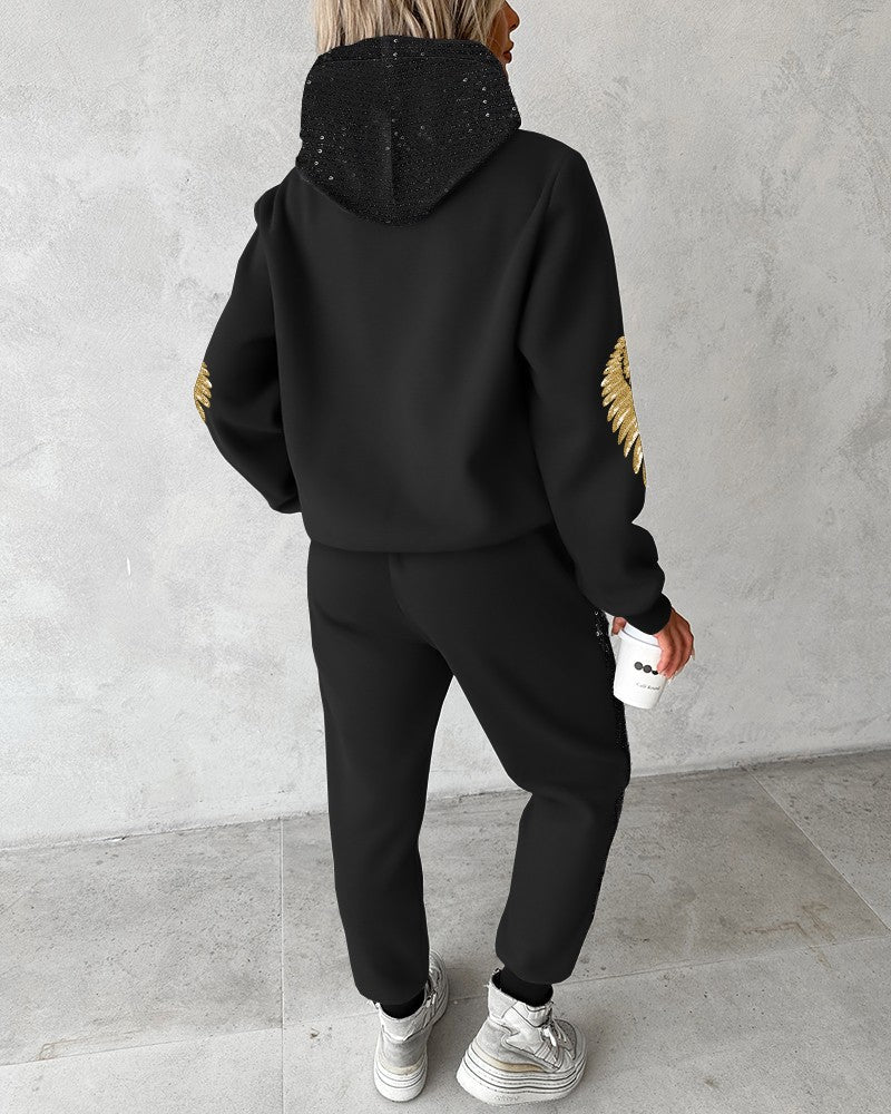 Sequin Wings Pattern Hooded Sweatshirt & Sweatpants Set