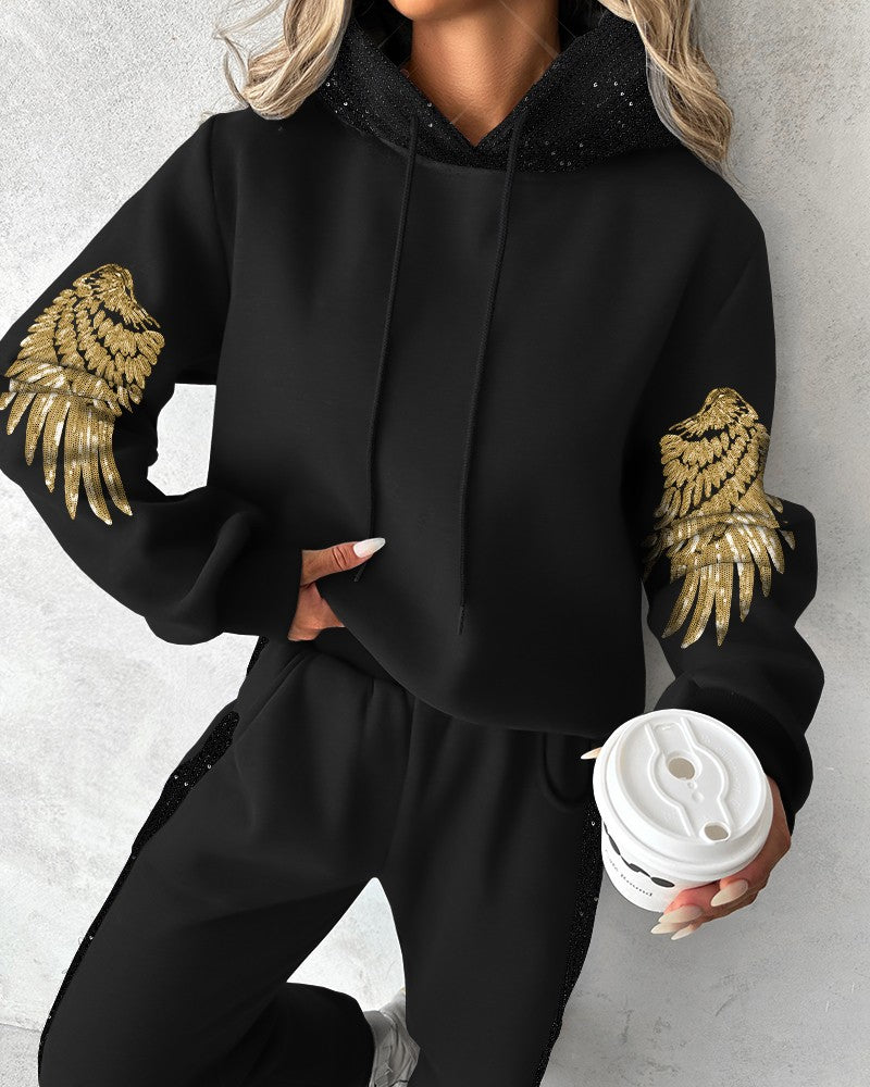 Sequin Wings Pattern Hooded Sweatshirt & Sweatpants Set