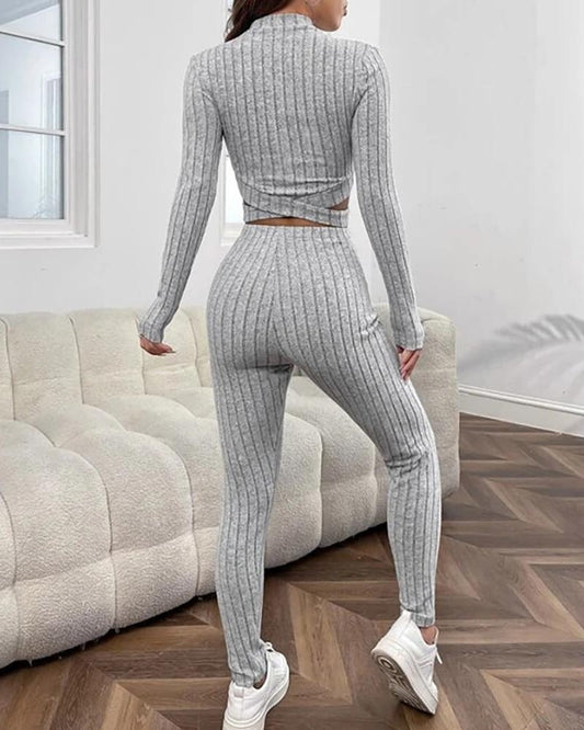 Mock Neck Criss Cross Crop Top & Pants Set