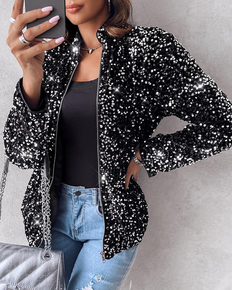 Stand Collar Allover Sequin Jacket