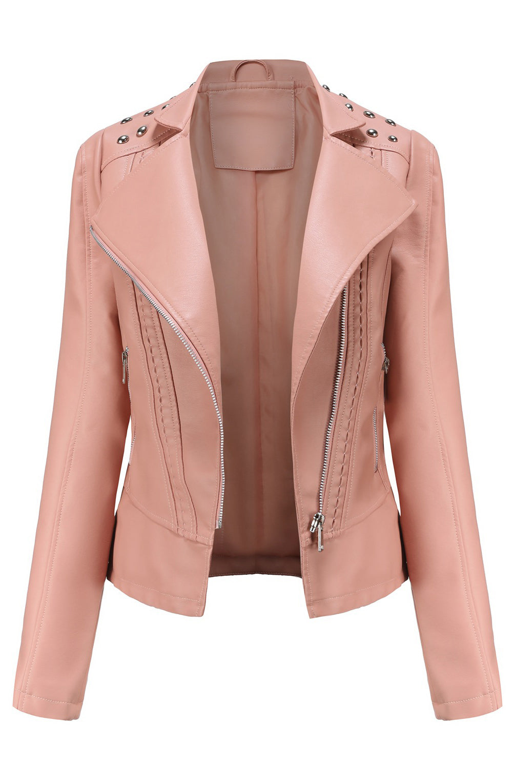 Gossamer Pink Faux Leather Studded Shoulder Asymmetric Zip Jacket