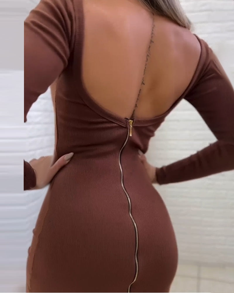 Zipper Design Backless Slit Bodycon Dress