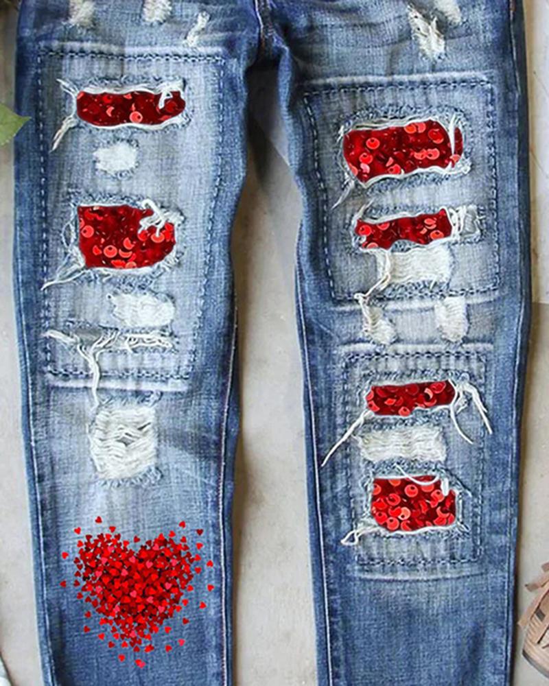 Heart Print Patchwork High Waist Jeans