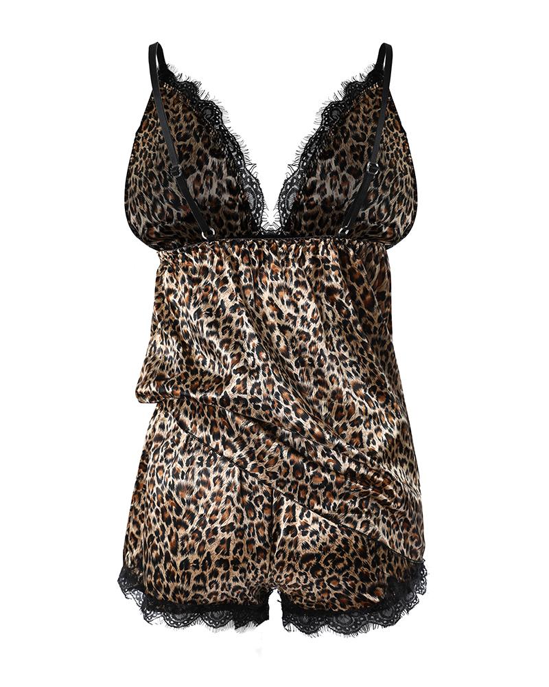 Leopard Print Lace Trim Cami Sets