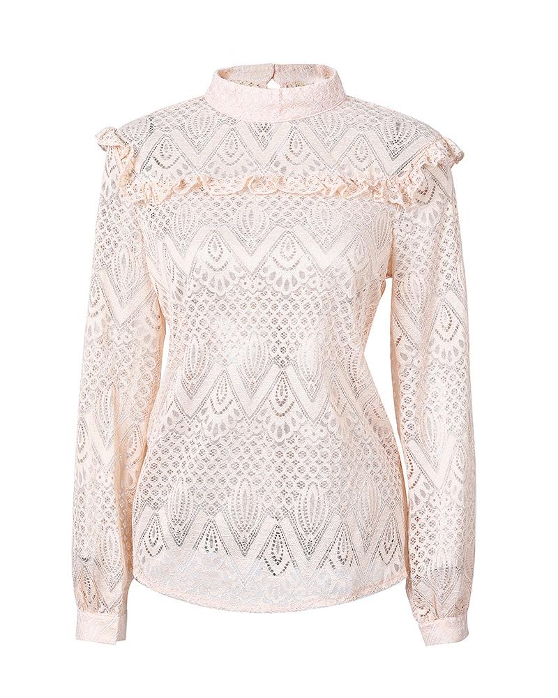 Lace Frill Hem Hollow Out Long Sleeve Top