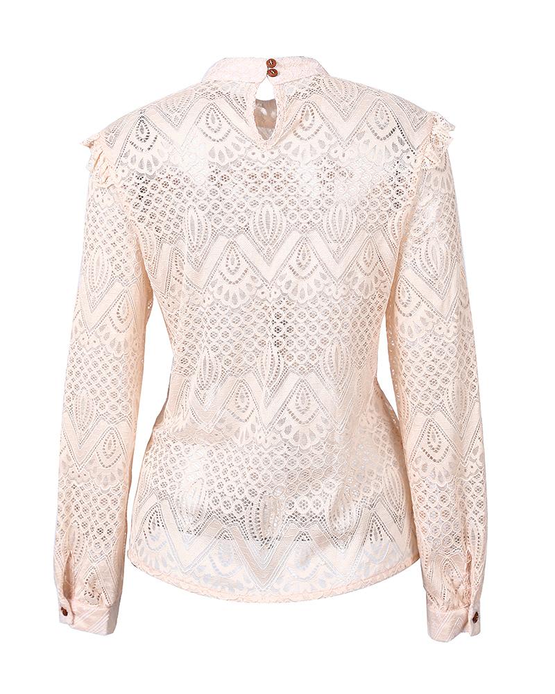 Lace Frill Hem Hollow Out Long Sleeve Top