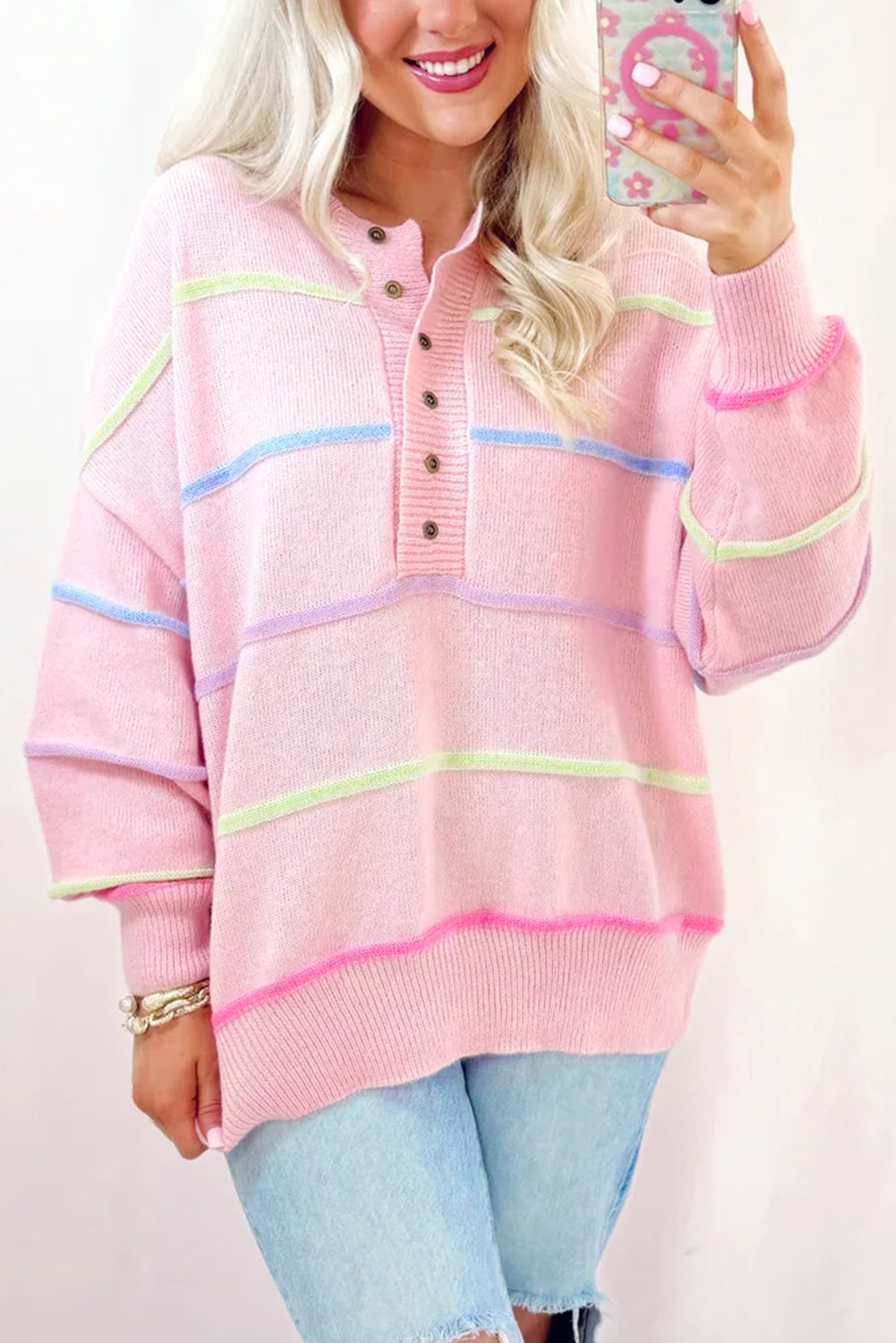 White Rainbow Stripes Drop Shoulder Baggy Henley Sweater