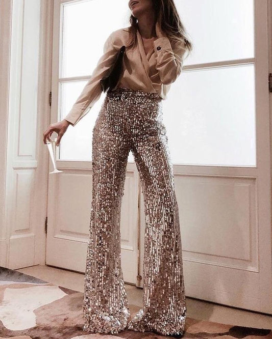 High Waist Sequins Bell Bottomed Pants