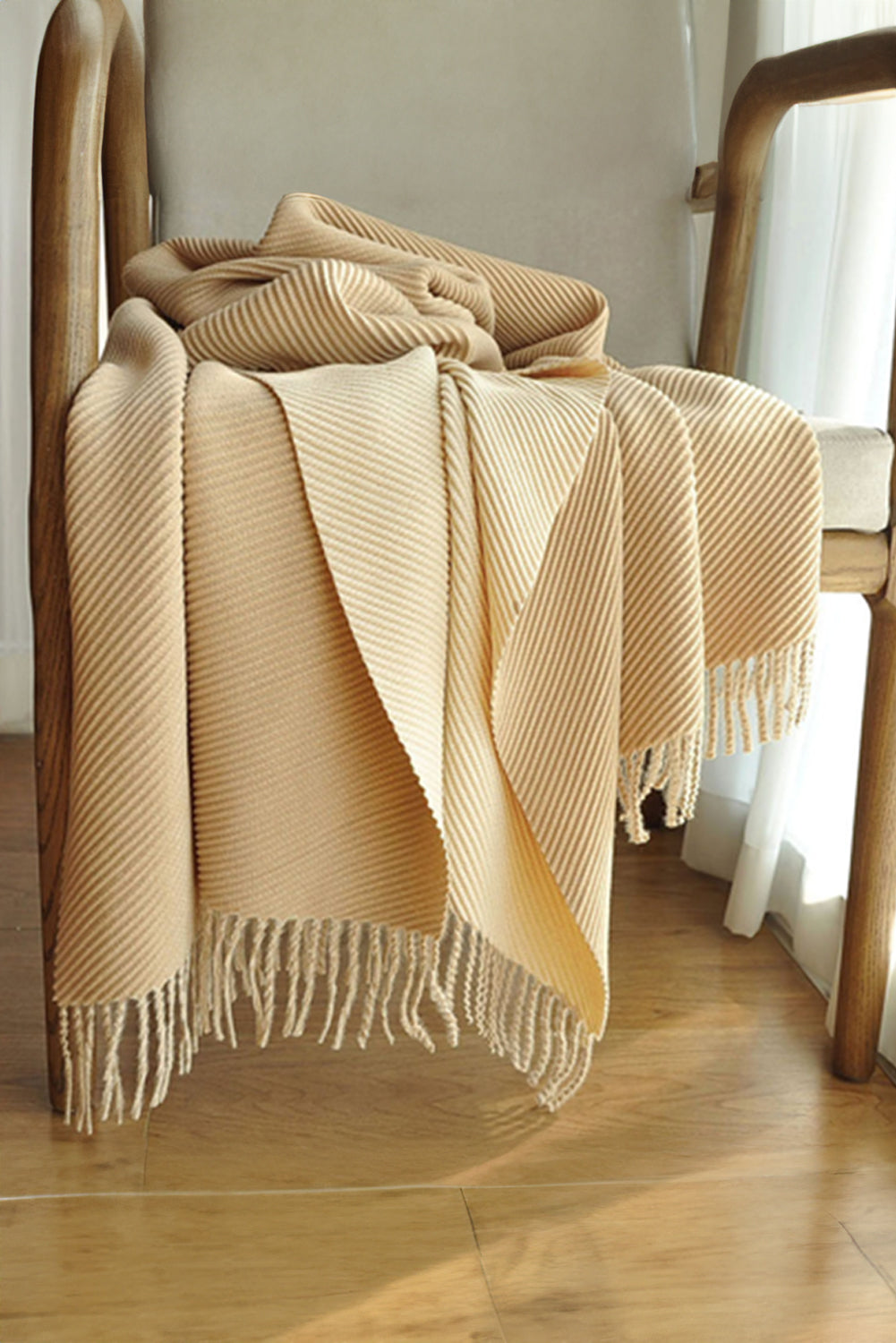 Khaki Bohemian Fringe Trim Textured Scarf