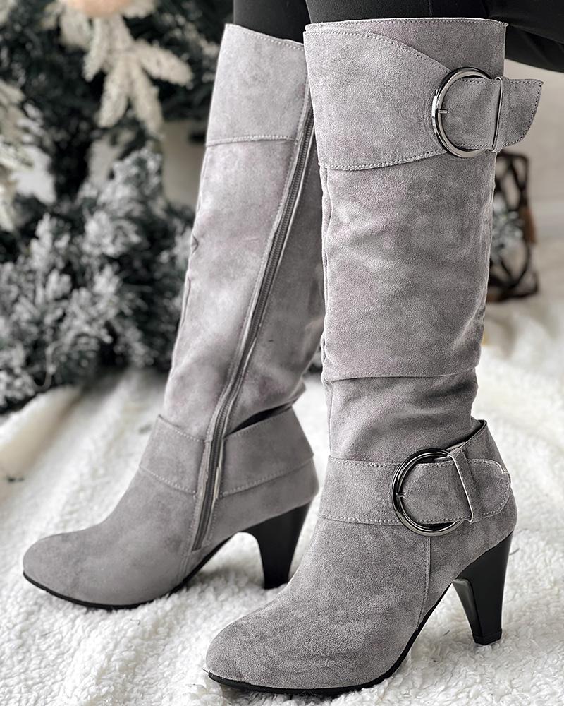 Buckled Chunky Heel Velvet Calf Boots