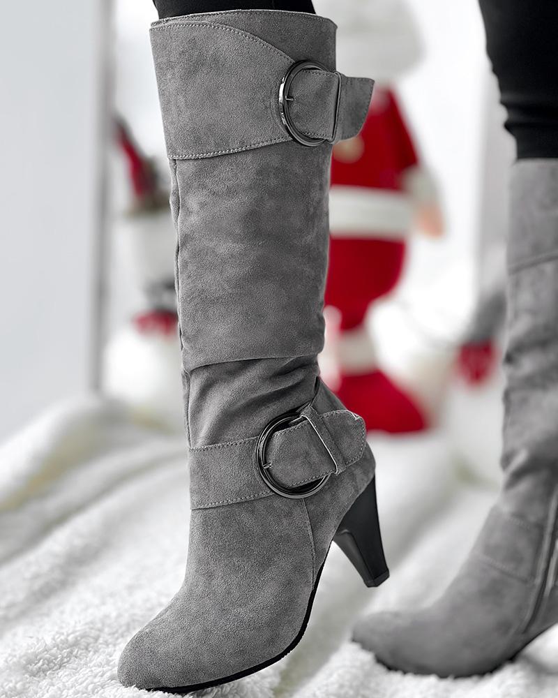 Buckled Chunky Heel Velvet Calf Boots