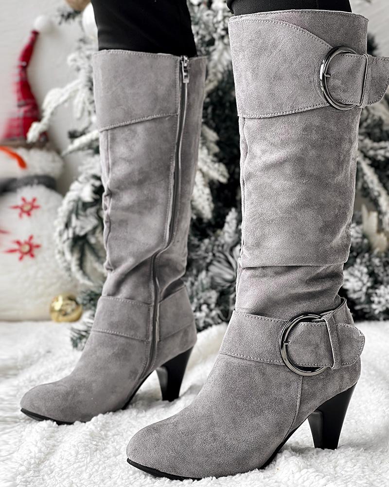 Buckled Chunky Heel Velvet Calf Boots