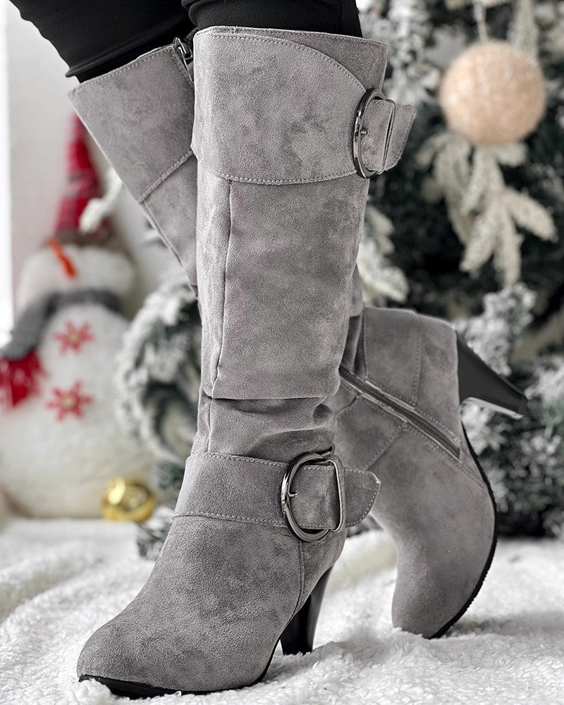 Buckled Chunky Heel Velvet Calf Boots