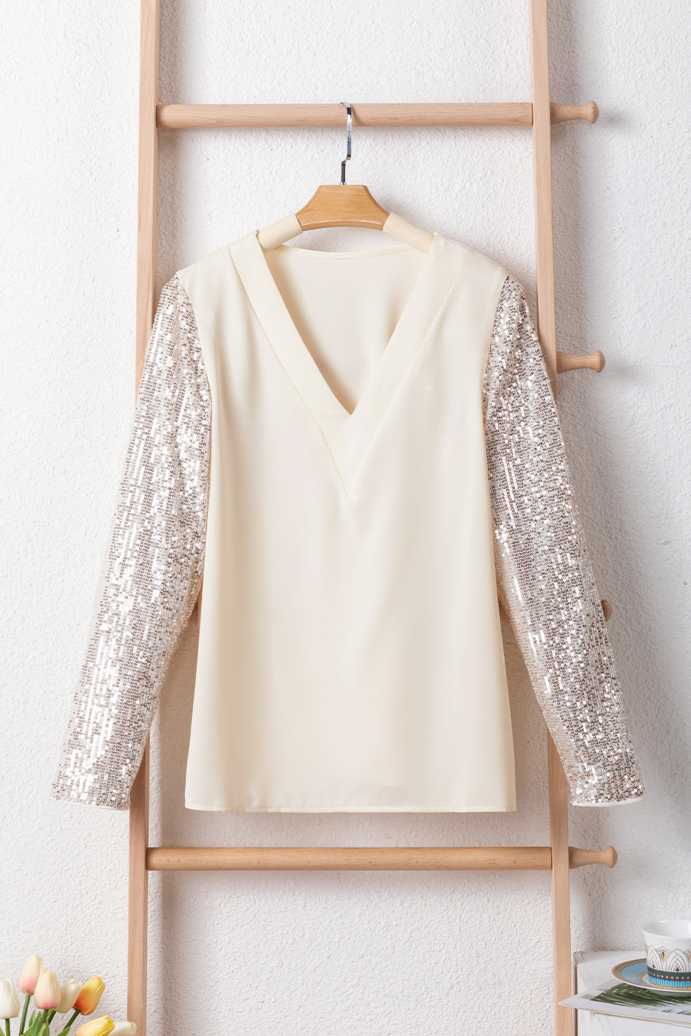 White Sequined Sleeves Patchwork V Neck Blouse